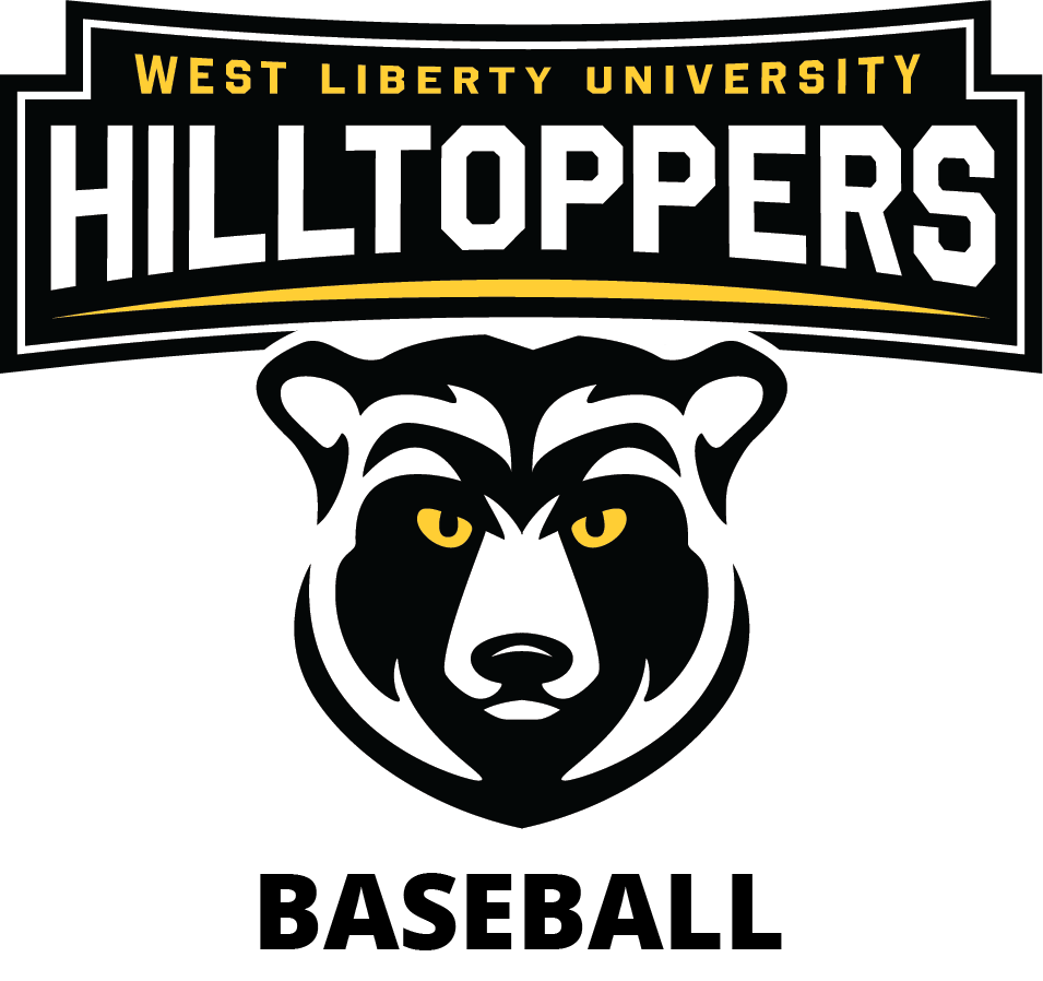 Bear mascot with yellow eyes with the word Hilltoppers overhead and baseball under