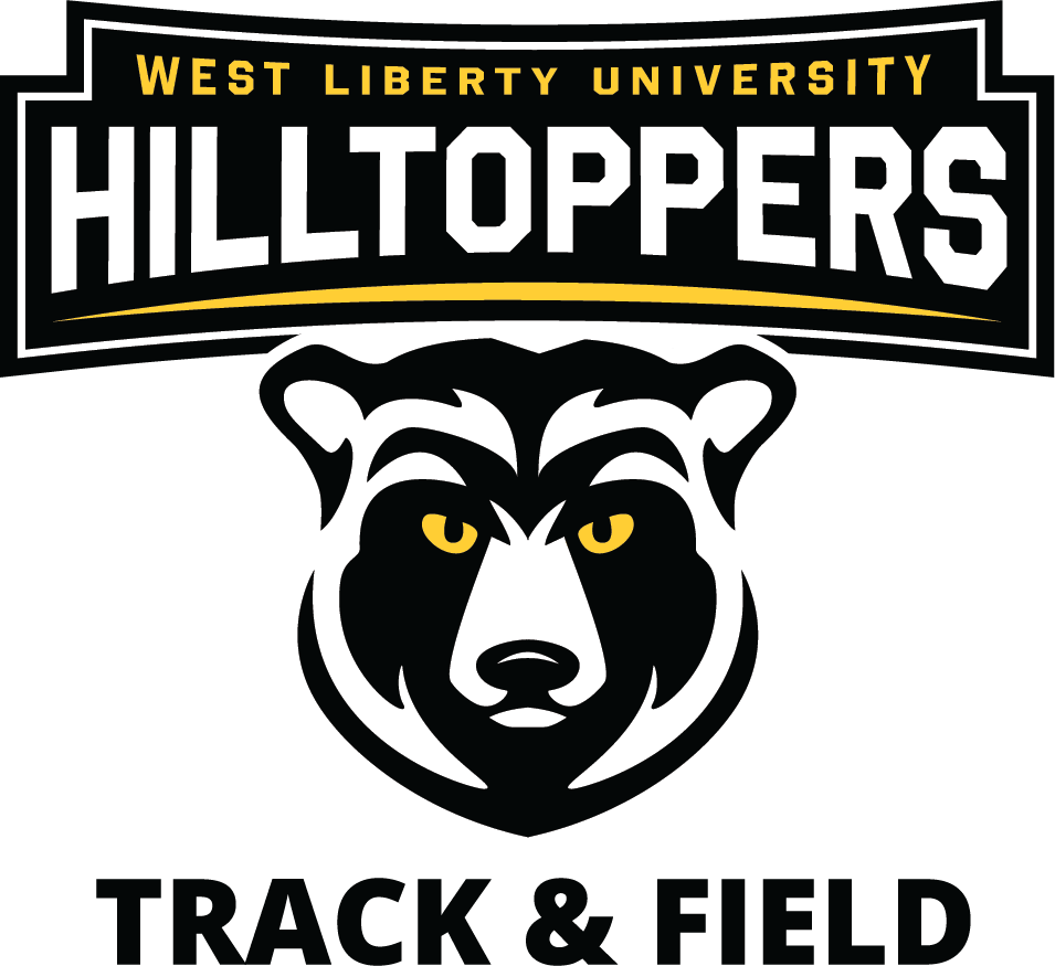 Bear mascot with yellow eyes with the word Hilltoppers overhead and track and field undert