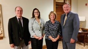 From left, Professor Jim Haizlett, Allyson Ashworth, Admissions Counselor Rhonda Tysk, are congratulated by BOG Chairman George Couch.
