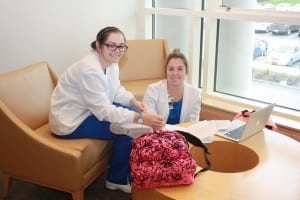 Nursing students Kaitlyn Yost, Follansbee, W.Va. and Anna Humphrey,  Wheeling, study in Campbell Hall of Health Sciences.