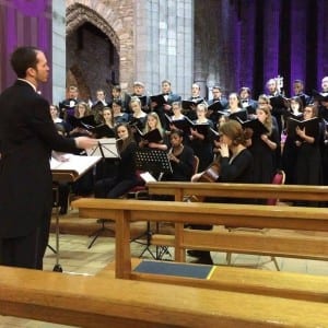 Dr. Scott Glysson is shown directing the WLU Singers in Galway Cathedral, Ireland during the March 2016 performance tour.
