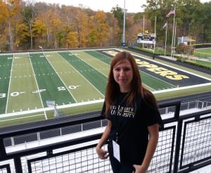 Natasha Muhametzyanova poses at the West Family Stadium. 