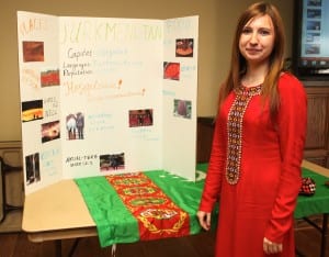 Natasha is shown in her native dress at a presentation she gave on Turkmenistan.