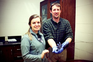 Biology major Sarah Harmon assists Dr. Greathouse in new SWiM lab.
